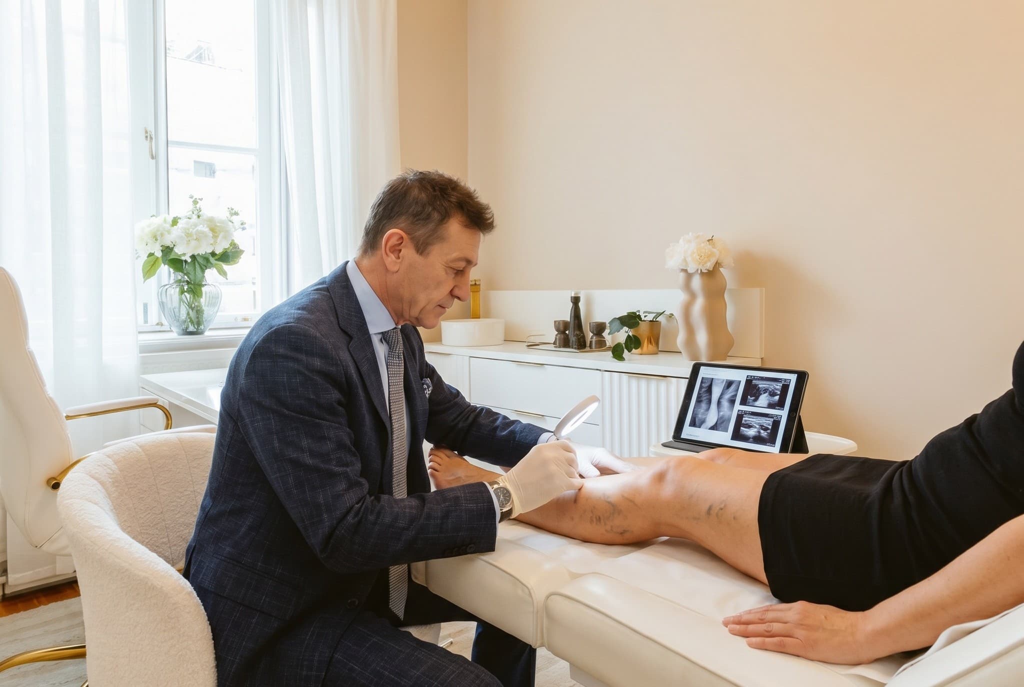 Vascular surgeon examining a patient's leg veins alongside an ultrasound scan at Sol Clinic London