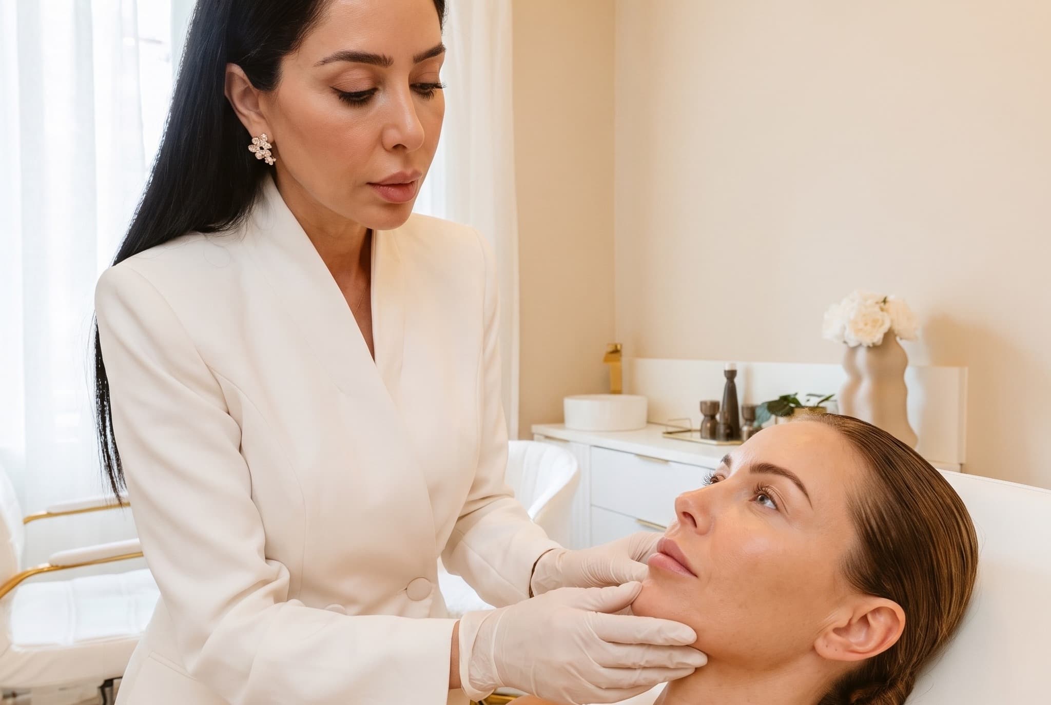 Clinician assessing a patient's jawline and facial contours during an aesthetic consultation at Sol Clinic London