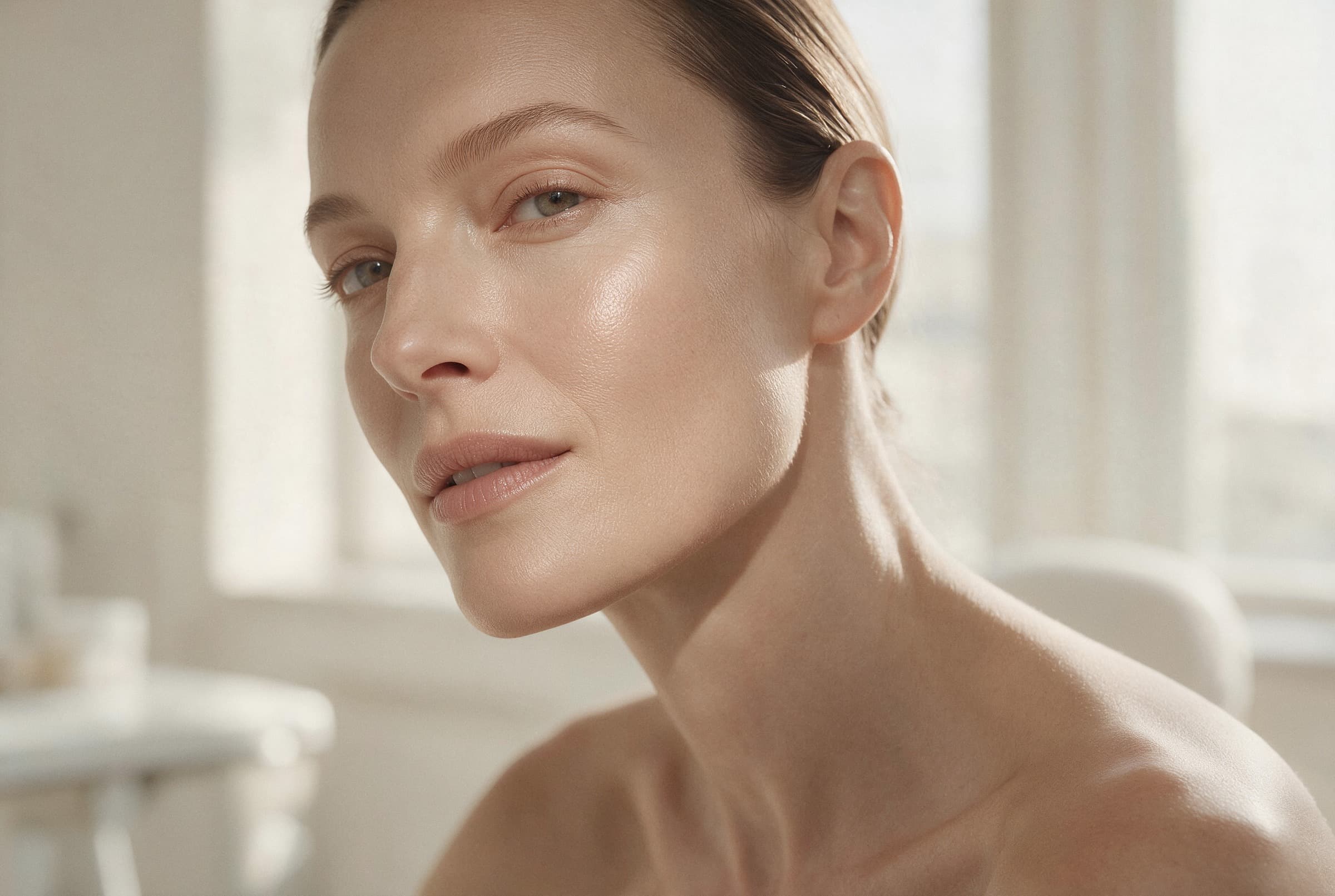 Close portrait of a woman with healthy, luminous skin and natural texture